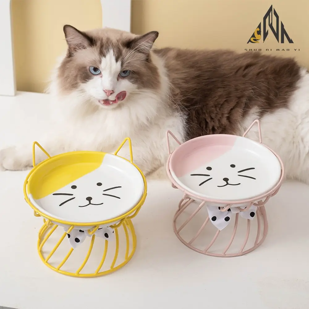 Ceramic High-Feet Feeding Bowl with Iron Stand, Neck Support Cat Food Dog Food Eating Dish, Cute Ceramic Plate, Feeder, Best Selling on Ebay
