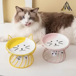 Ceramic High-Feet Feeding Bowl with Iron Stand, Neck Support Cat Food Dog Food Eating Dish, Cute Ceramic Plate, Best Selling on Ebay