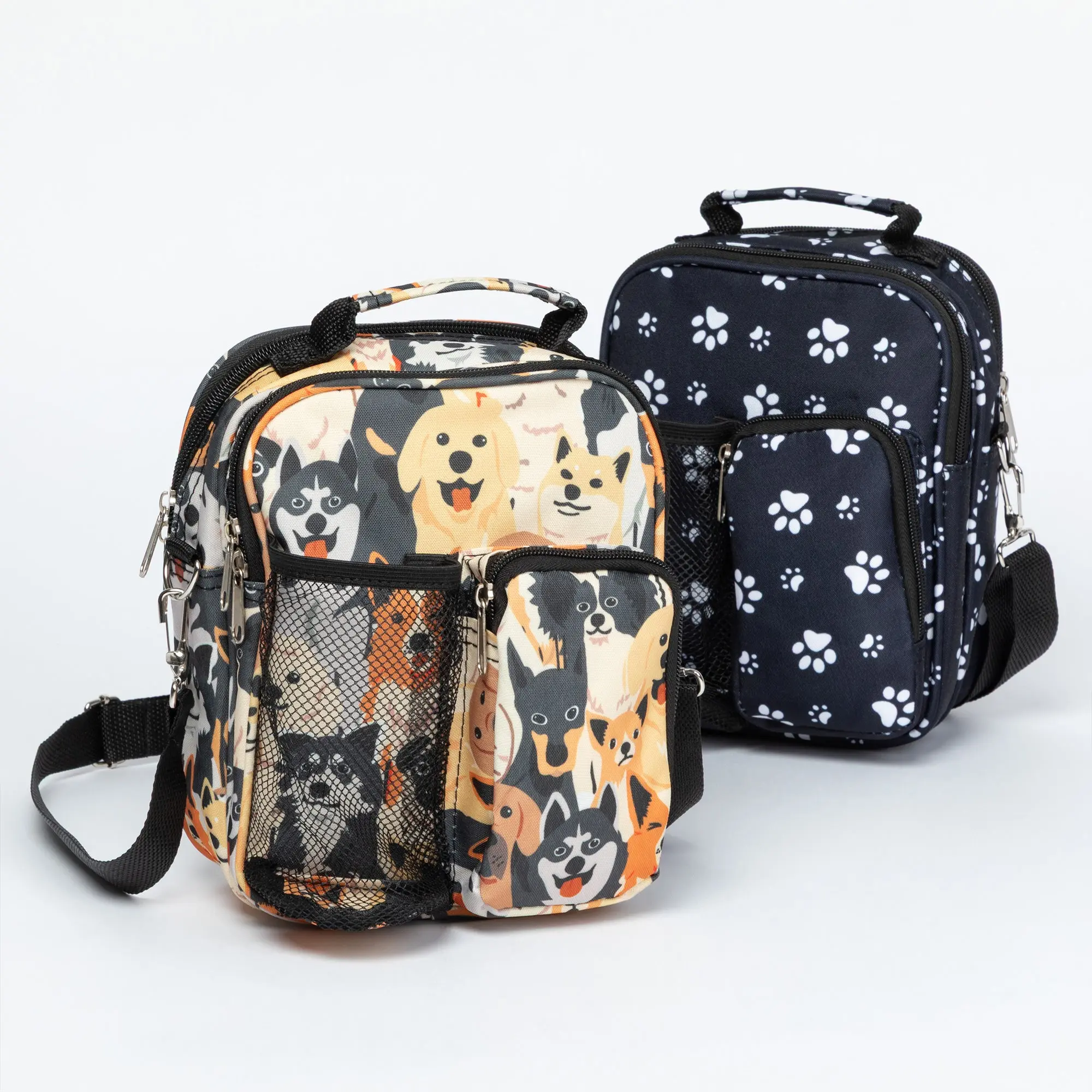 Playful Paw Print Crossbody Bag - Graphic Polyester Daypack with an Adjustable Strap, 4 Pockets & Mesh Pocket, White Paws, Zipper, Exploring, Outings, Casual, Four Zippered Pockets