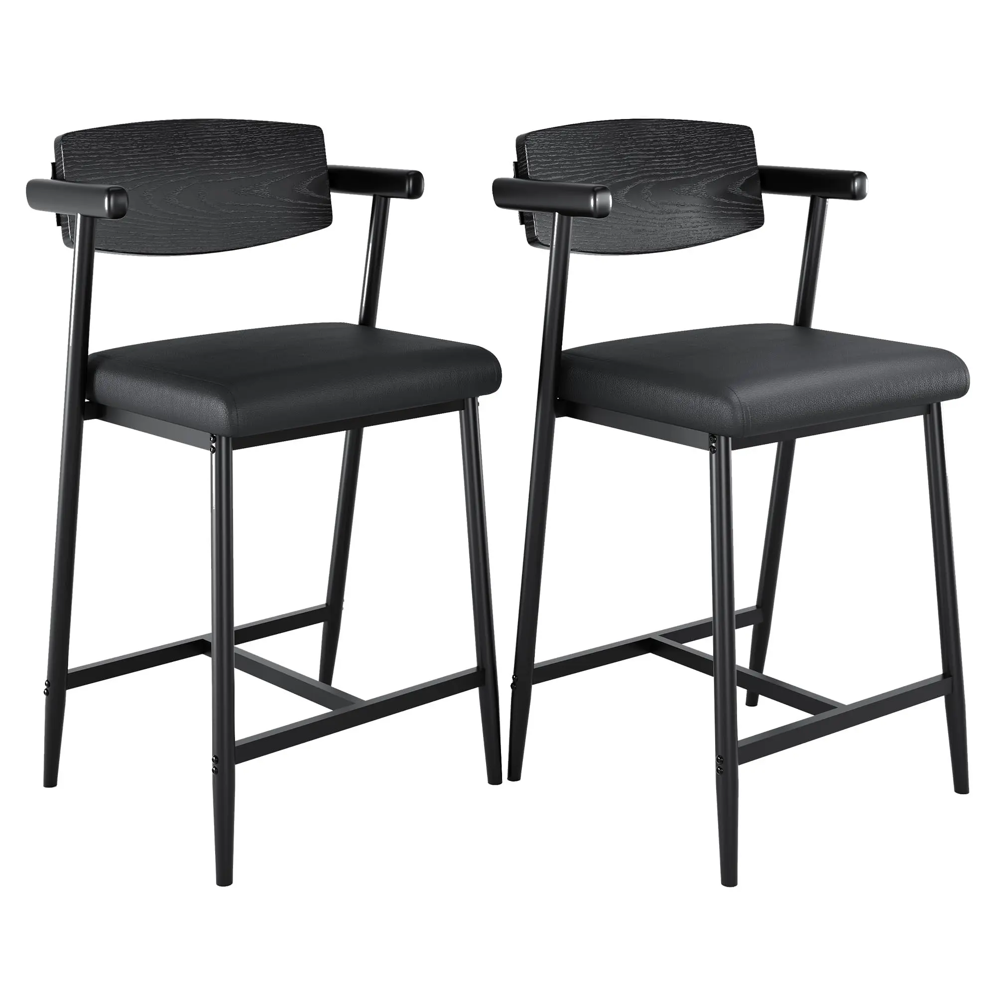 Garvee Industrial Wood Metal Armchair - Ergonomic Upholstered Dining Chair, Heavy Duty Home Bar Furniture with Wooden Backrest, Armrests, Footrest, Easy Assembly, Black Metal Frame for Kitchen Island, Countertop