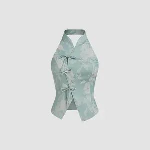 Cider [2 colors, size 0-10] Jacquard Halter Neckline Floral Bowknot Tank Top