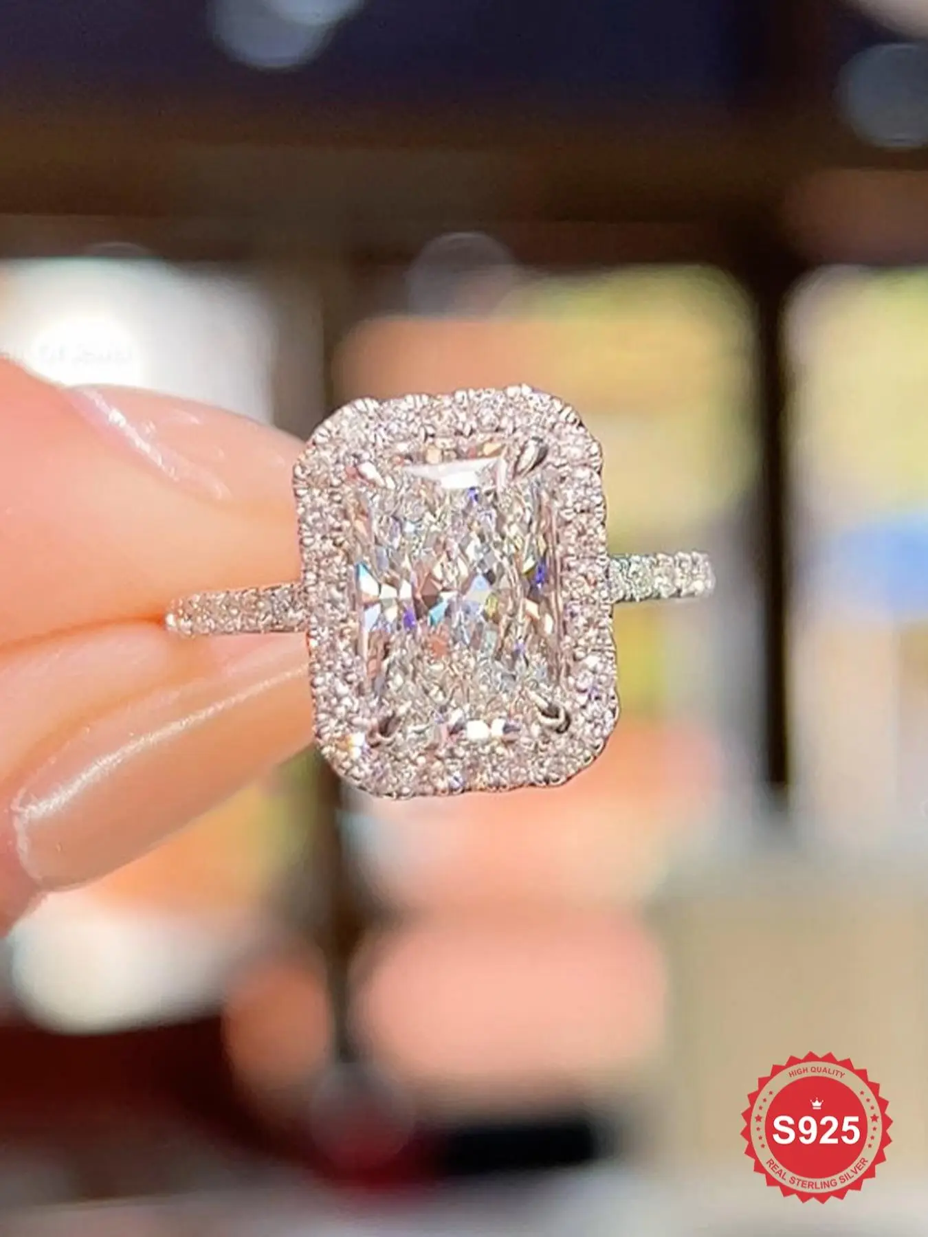 S925 Sterling Silver Rectangular Zirconia Ring, Radiant Rectangle Rings, Beautiful Rings, Fashion for Women, Trendy All-match & Exquisite Jewelry for Birthday Gift, Artificial Zircon Ring