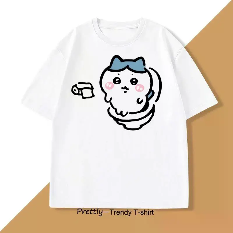 Men's Cartoon Graphic T-Shirt, Funny Hachiware Print, Casual Loose Fit Short-Sleeve Breathable Cotton Knit Top, Shortsleeve, Menswear, Cartoon Style