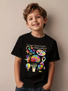 Kids' 100% Cotton Regular Round-Neck Short-Sleeved Athletic T-Shirt - Geometric Print Top for Boys & Girls, 180g Comfortable Durable Individualistic Tee for Autism Awareness Month