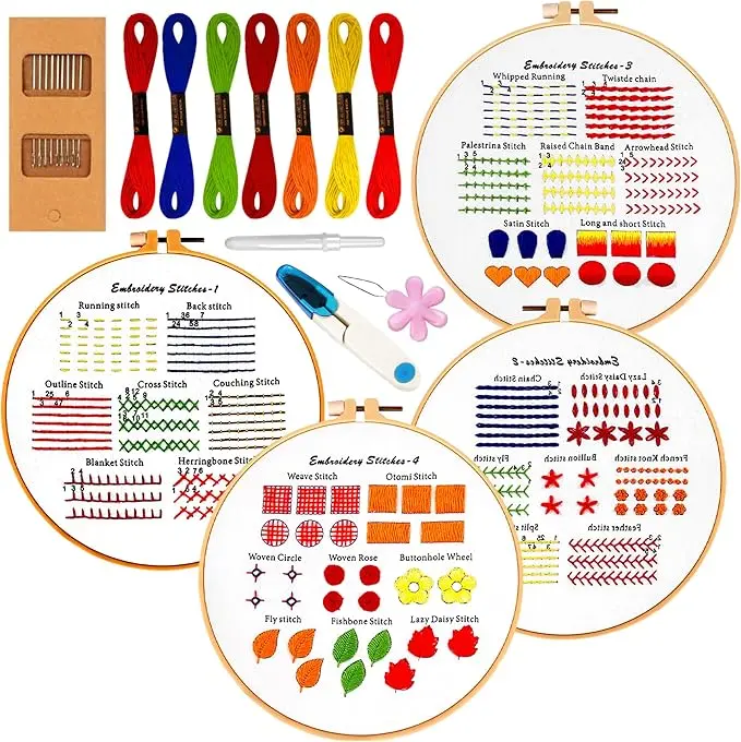 Fashhut 4-Set Embroidery Kit for Beginners with Hoop, Thread, Needles & Patterns | DIY Punch Needle & Cross Stitch Kits for Adults & Kids | Tutorial Videos Included