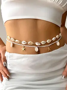 Boho Summer Beach Shell Waist Chain Set, Starfish Pearl Beaded Body Chain, Vacation Travel Gift, 2 Piece Sea Resort Style