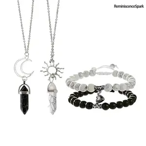 4-Pcs Synthetic Jade Sun Moon Magnetic Bracelets – Turquoise Beaded Matching Design, Perfect Long Distance Couple & Friendship Gifts for Men Women Daily Wear, Matching Couple Bracelets