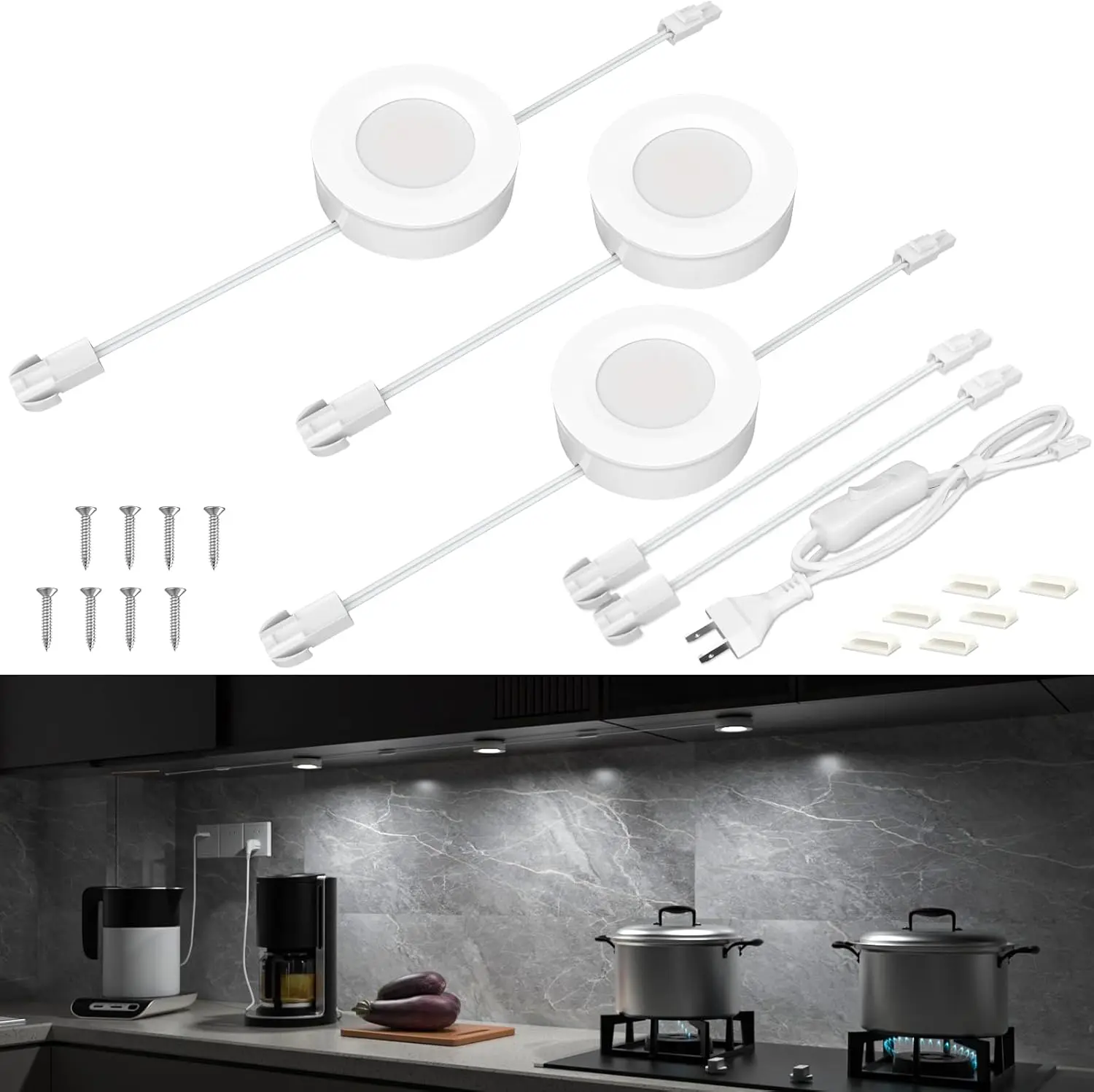 Hardwired Under Cabinet Lights,Linkable LED Puck Lights with Switch,DIY Under Counter Lighting for Kitchen,Showca,Bca,Recesd&Wall Plug in,White 6000K,120V,t of 3