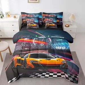 Race Car 7 Piece Bedding Set,Racing Car Comforter Set with Sheets,Car Bedding Set with Comforter,Pillowcases,Flat Sheet,Fitted Sheet,Cushion Cover