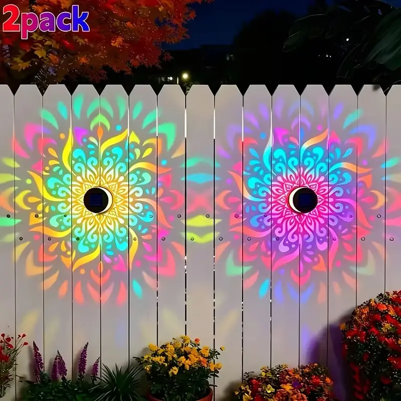 2 Packs Color-Changing Solar Mandala Projection Wall Light, Decorative Solar Mandala Light, Waterproof Metal Fence Light for Outdoor Use, Perfect for Patio, Garden, Porch, Backyard Decoration