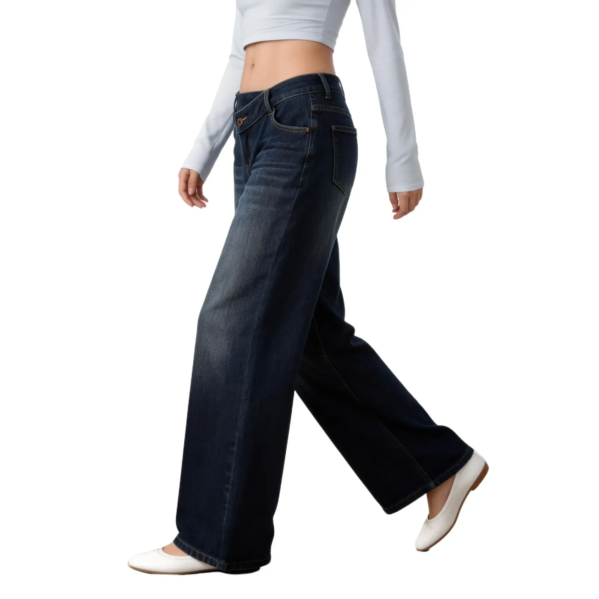 Women's Low-Waisted Dark Wash Baggy Wide Leg Jeans - Ripped Detail, Graphic Print, Goth Style, Gaucho Bottoms, Bedazzled, Minimalist Pants for Casual Streetwear Chic gaucho pants