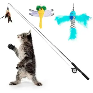 Cat Feather Toys, 4 Pack Interactive Cat feather Teaser Wand Toys, Retractable Fishing Pole Wand Catcher Exerciser with Refill Fish, Dragonfly Worm with Bells, Fun Cat Kitten Kitty Playing Toy