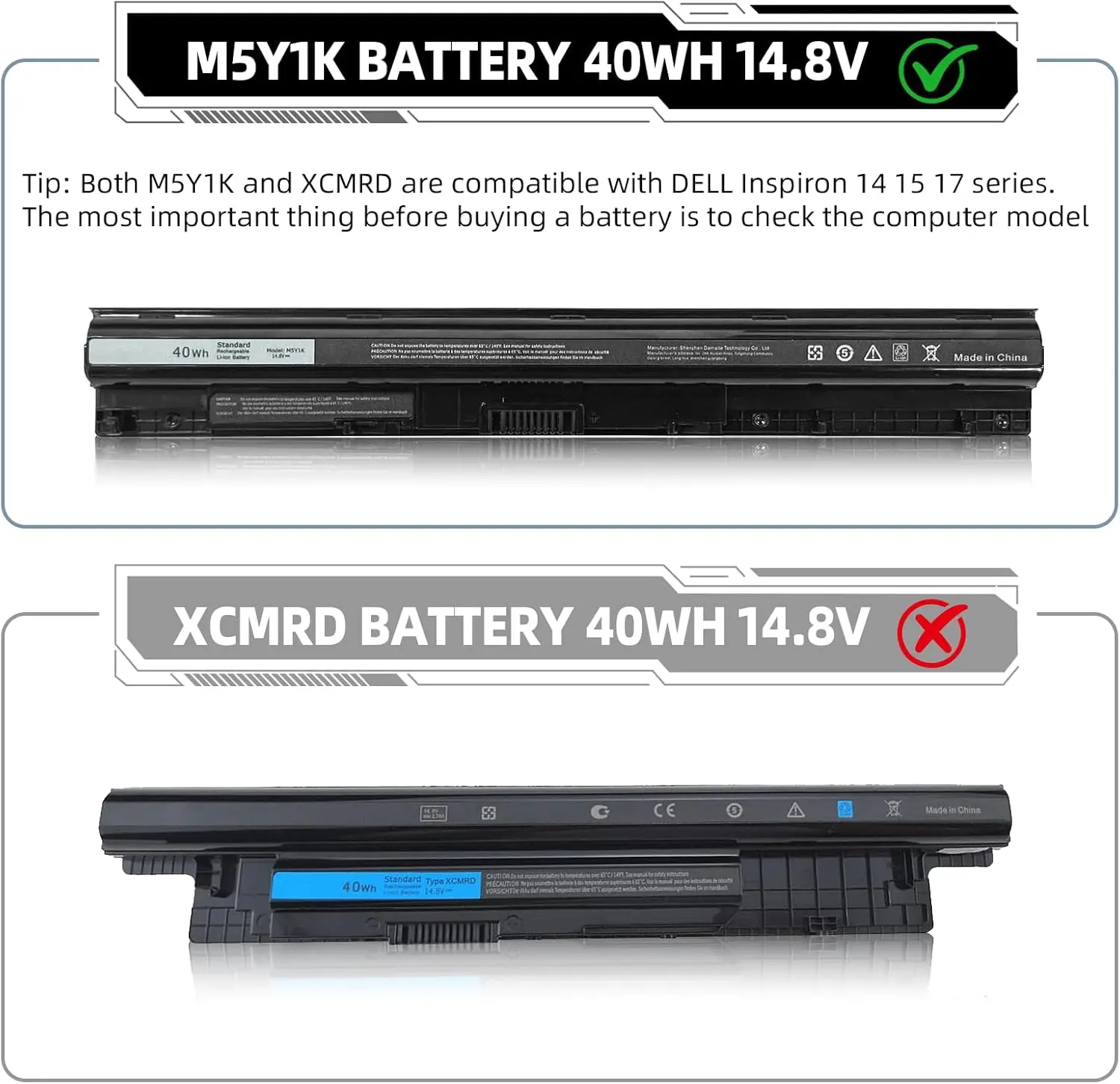 【M5Y1K】 14.8V cell phone Battery Replacement for Dell Inspiron 14 15 17 5000 3000 Series 5559 5558 3451 3452 3458 3551 5458 5755 5756 5758 5759 P47F P51F P52F Compatible with Dell Battery M5YIK