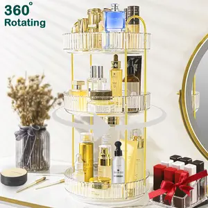 360 Rotating Makeup Organizer With Lipstick Holder, Countertop 3/2 Tier Bathroom Organizer Spinning Perfumes Organizers, Skincare Organizers Makeup Carousel Cosmetic Brush Storage for Vanity, Countertop, Gold