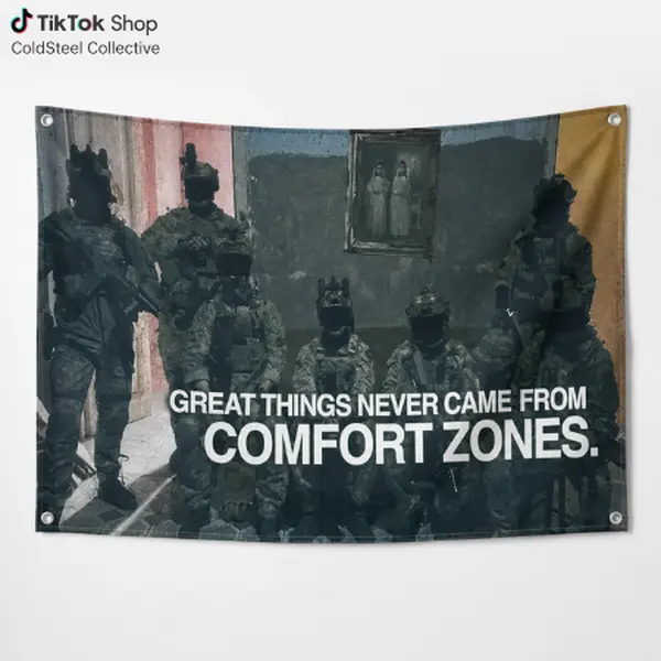 Military-Inspired Lightweight Graphic Tapestry with 4 Corner Grommet Holes - Casual Room Decor Artwork with "Great Things Never Came From Comfort Zones" Quote for Bedroom, Office