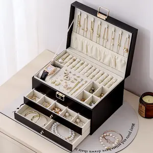 3 Layers Jewelry Velvet Box, 1 Set Large Capacity Jewelry Holder Organizer with Drawer, Lockable Jewelry Boxes for Earring Necklace Ring, Gift for Women, Multilayer Storage