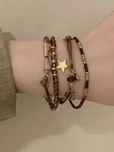 Boho Style Handmade Beaded Bracelet Set, Vintage Braided Cord Design, Star Pendant Charm, Perfect for Parties & Daily Wear, Stackable Bracelets