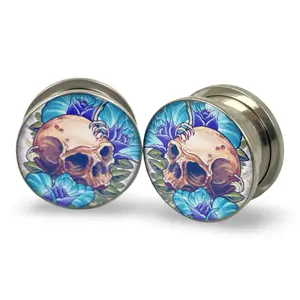 Skull and Roses Picture Plugs gauges pair body jewelry