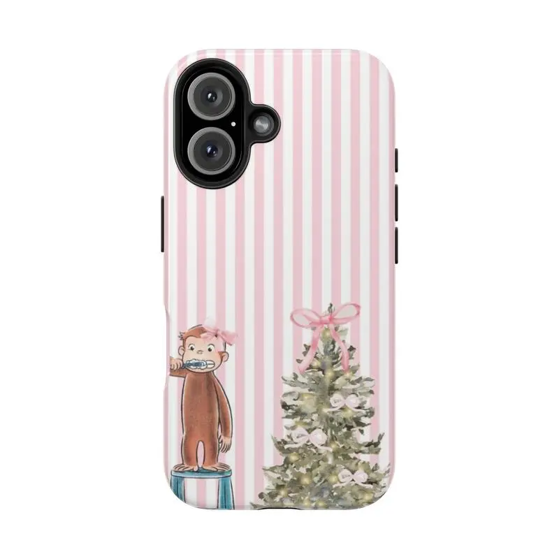 Curious George Pink Pastel Striped Christmas Holiday Smartphone Cover, TPU Shockproof Casing with Monkey & Bow Tree, Soft Girly Aesthetic for iPhone 17-13 Pro Max, Samsung Galaxy S25-S21, Handheld Cellphone Devices, Exact Cutouts, Camera Guard