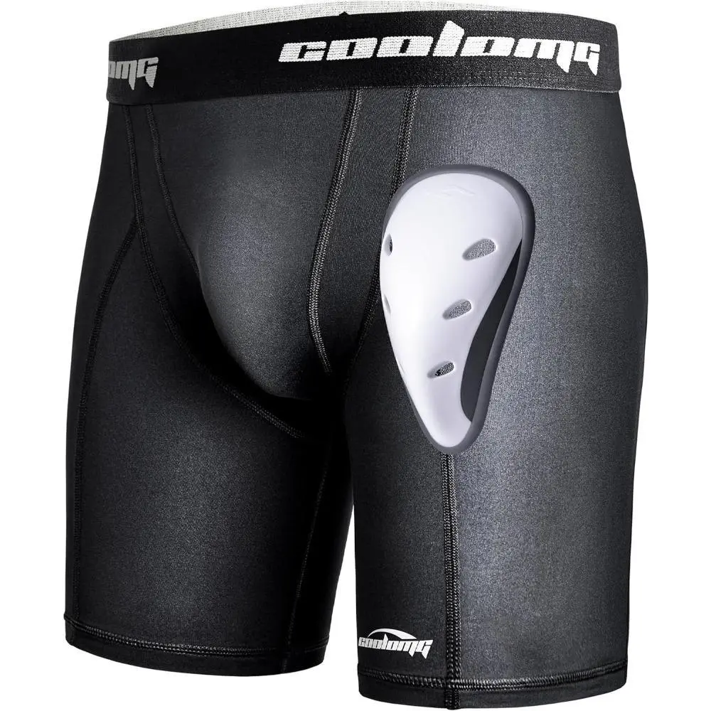 Men's Adjustable Strap Compression Shorts with Protective Plastic Groin Cup Pocket, Polyester Blend Impact Shield Athletic Underwear, Machine Wash Safe for Baseball, Football, Contact Sports