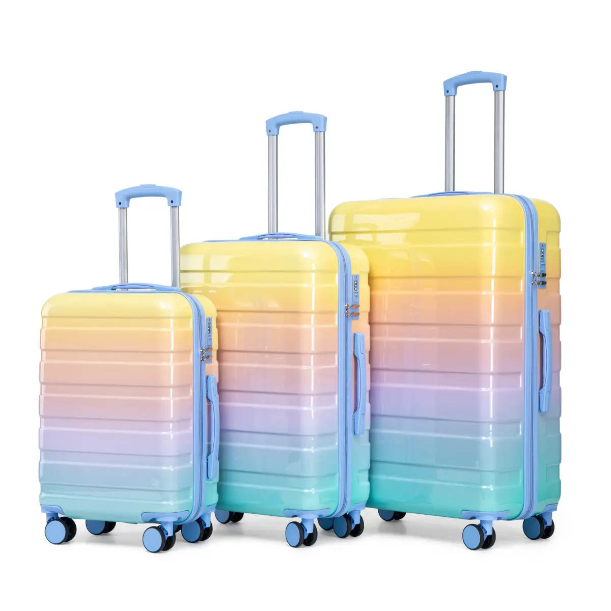 20"/24"/28" 3 Pcs PC Spinner Wheel Luggage Set, Gradient Color Hardshell Carry On & Checked Suitcase with Combination Lock, Blue & Yellow