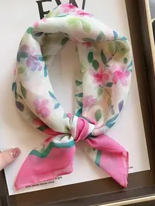 Women's Floral Silk Scarf, Cartoon Design Fashionable Skin-Bearing Headscarf, Warm Neck Wrap, All Seasons Loose-Fitting Style, Floral Pattern Scarf, Floral Print Scarf