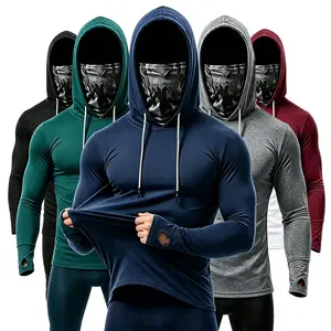 5-Pack Men's Sun Protection Hoodie with Built-in Face Mask, Quick Dry 4-Way Stretch Compression Slim Fit Long Sleeve Sun Shirts with Thumb Holes Drawstring, UV Sun Protection Dustproof for Outdoor Work Cycling Fishing Hiking Skiing Landscaping