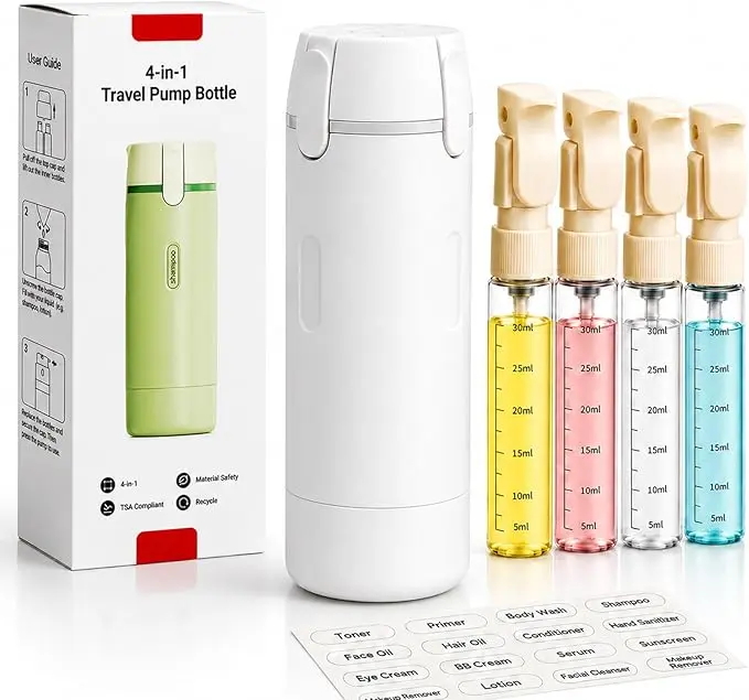 4 in 1 Travel Bottles for Toiletries, Leakproof Refillable Travel Bottle Set with Labels & Measuring Scale, TSA Approved Portable Containers for Shampoo, Conditioner, Lotion & Cream, Space Saving Travel Essentials