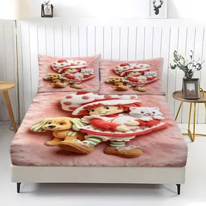 3-Piece Strawberry Shortcake Pattern Bed Sheet with Comfortable Printed Pattern, Includes 1 Bed Sheet and 2 Pillowcases, Comfortable Bedding, Non slip Dust Cover Suitable for Bedroom and Guest Room, Suitable as a Gift, Bed Sets Supplies