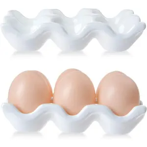 6 Cups Ceramic Egg Tray - Half Dozen Porcelain Egg Holder Storage Organizer Decorative Serving Dish for Refrigerator Countertop Kitchen Home (White, 2 Pack)
