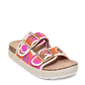 Wild Diva Women's Double Buckle Boho Floral Crochet Cork Flat Sandals Shoe Footwear Summer