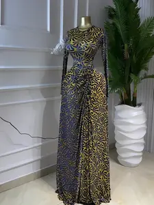 PULKRITU Elegant Women's Print Ruffle Stacked Long Prom Dress, Vacation Birthday Party Outfit Evening Gown, Female Fashion Music Festival Dress, Lady Mesh Sheer Slit Skirt, Evening Dresses