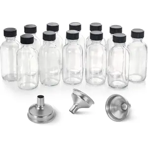 12-piece set, 2-ounce small transparent glass bottles with lids and 3 funnels - 60ml Boston round bottles, used for health, immunity, pharmaceuticals, wellness, samples, ginger, juice