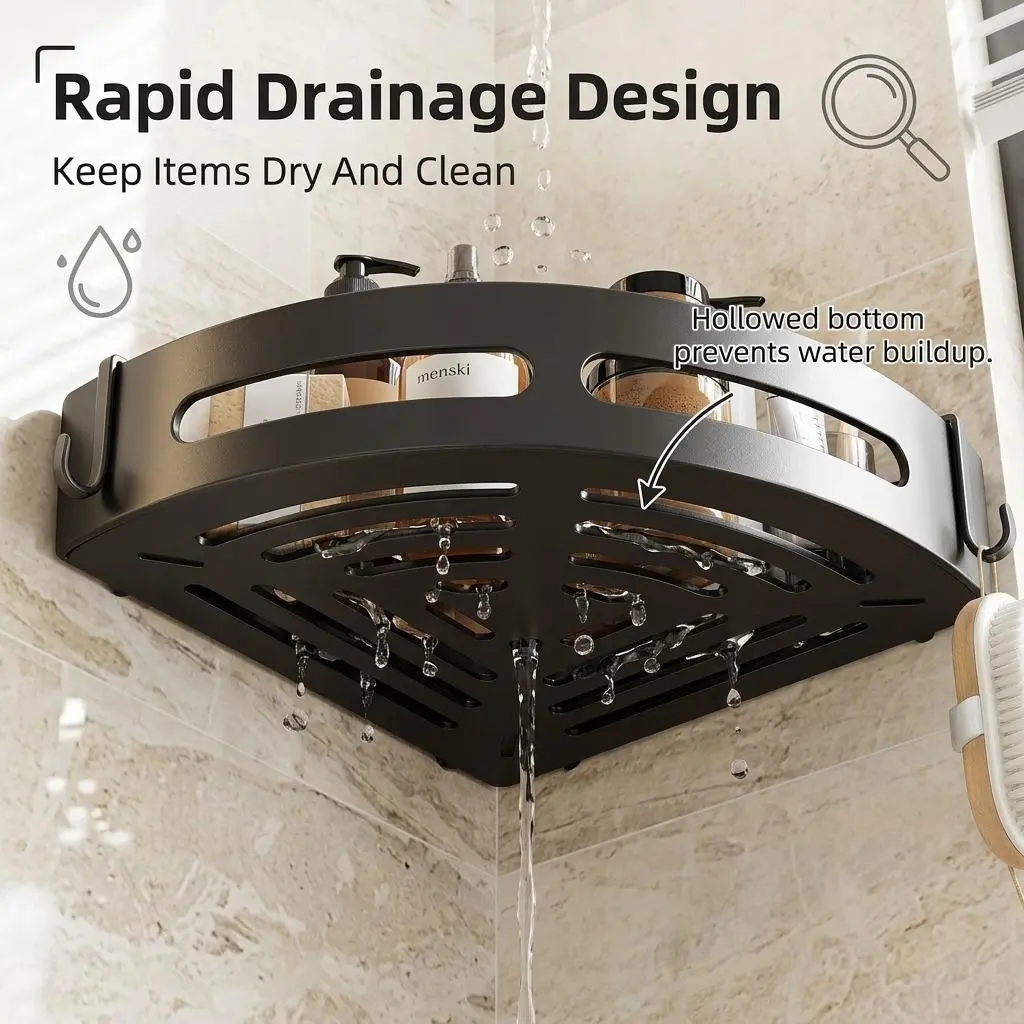 3pcs Wall-Mounted No-Drill Shower Corner Shelf Set, Rustproof Bathroom Organizer Rack with Rapid Draining Hollow Bottom for Toilet Toiletries Storage