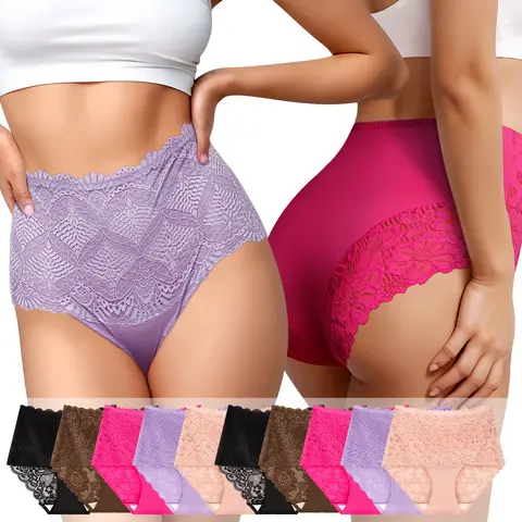 Morelect Women's High Waisted Soft Comfy Panties (3/6/10 Packs) - Basic Brief Cut, Ultra Soft Nylon, Floral Lace Trim, Breathable Seamless Full Coverage Underwear for Women, Flatter Your Waist, Sizes S-5XL (Incl. 3XL, 4XL)