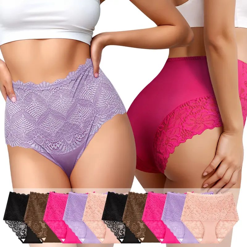 Morelect Women's High Waisted Soft Comfy Panties (3/6/10 Packs) - Basic Brief Cut, Ultra Soft Nylon, Floral Lace Trim, Breathable Seamless Full Coverage Underwear for Women, Flatter Your Waist, Sizes S-5XL (Incl. 3XL, 4XL)