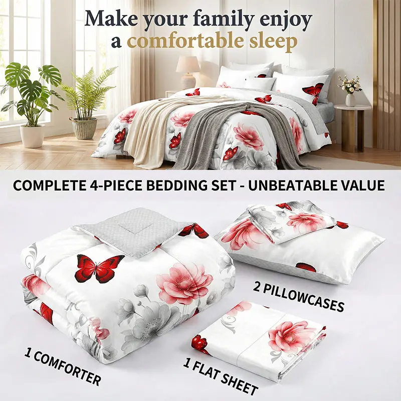 4-Piece Bedding Set, All Sizes Twin/Queen/King/Cal King, 1 Comforter + 2 Pillowcases + 1 Flat Sheet, All-Season Bed Set