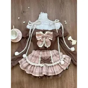 Sweet Bow Slim Knitted Cardigan Coats + Lace Mini Skirts Japanese Kawaii 2 Piece Sets y2Clothing Elegant Vintage Suits Women