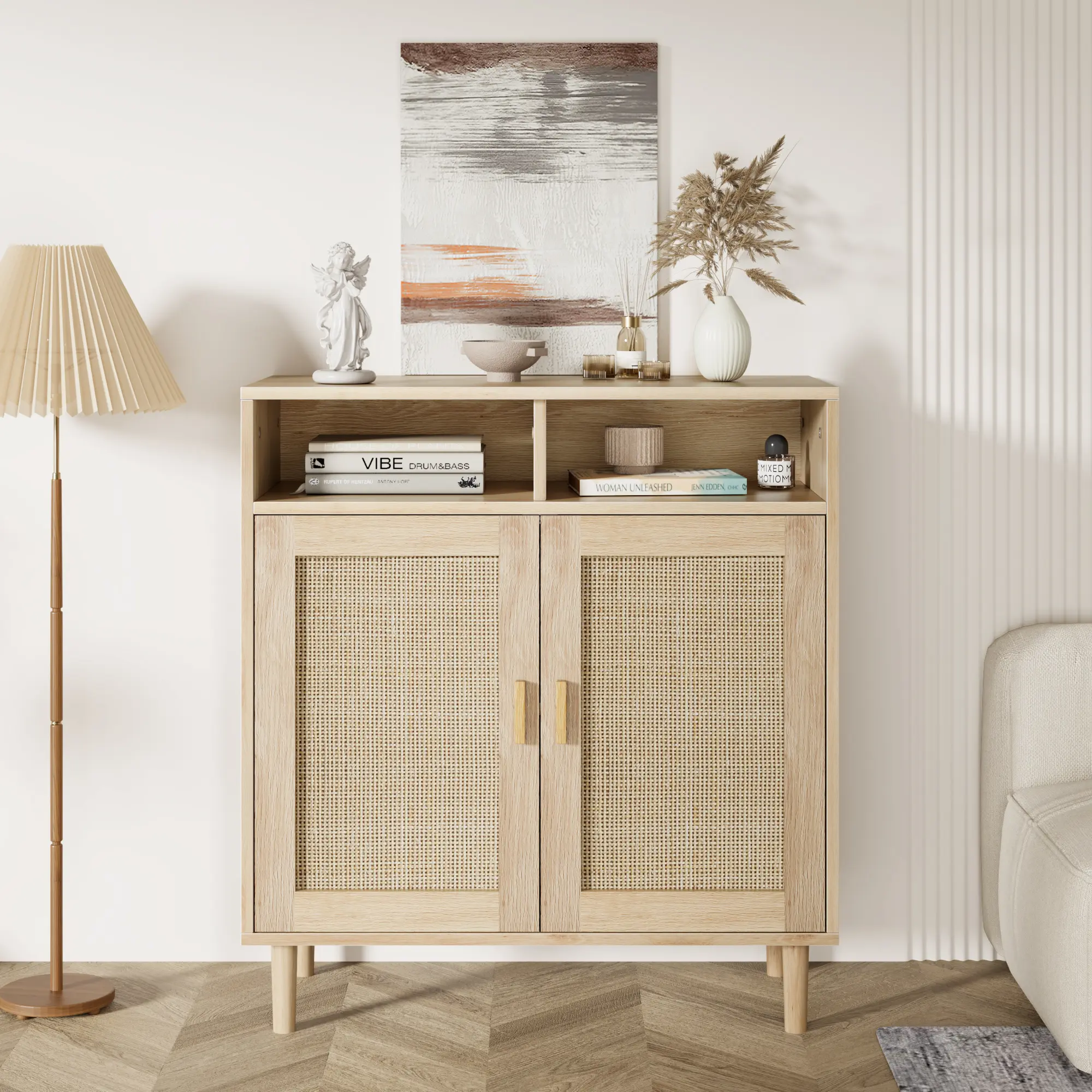 Modern Rattan Buffet Cabinet Set of 2, 4-Door Sideboard with Adjustable Shelves, Non-Toxic MDF Smooth Tabletop, Multipurpose Storage for Kitchen Dining Living Room Entryway, Ideal as Coffee Bar & TV Stand
