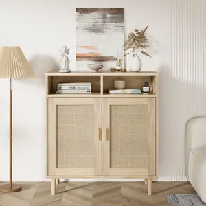 Modern Rattan Buffet Cabinet Set of 2, 4-Door Sideboard with Adjustable Shelves, Non-Toxic MDF Smooth Tabletop, Multipurpose Storage for Kitchen Dining Living Room Entryway, Ideal as Coffee Bar & TV Stand