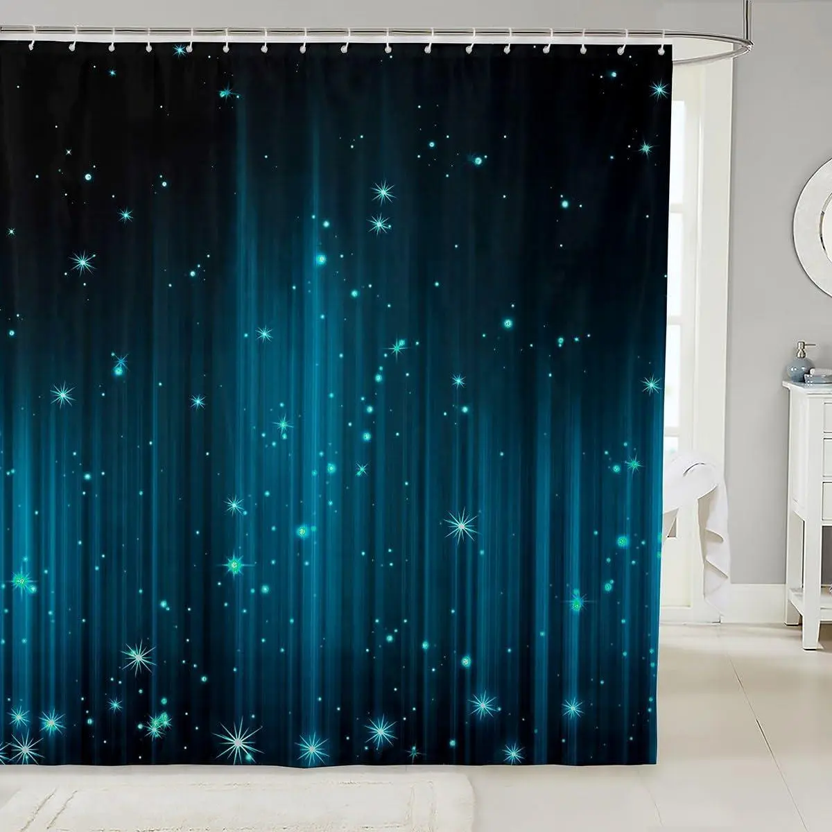 Teal and Black Shower Curtain Set for Girls Boys Ombre Glitter Curtains Bathroom Decor,Abstract Striped Fabric Shower Curtain,
