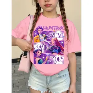 Girls' Round Neck Short Sleeve T-Shirt, Graphic Printed Tee, K-Pop Girl Group Cartoon Pattern, Trendy Look, Soft Comfortable Knit Fabric, Summer Vacation Outdoor Activities, Ideal For Outdoors