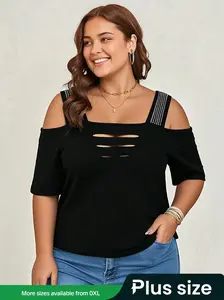 Plus Size Women's Fashion Hollow Out T-Shirt, Casual Summer Top, Stylish Cut-Out Design, Comfortable Cotton Material, Perfect for Daily Wear