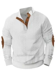 Men's Casual Sporty Patchwork Knitted Henley Sweatshirt, Regular Fit Long Sleeve Stand Collar, Comfortable Top for Fall Winter