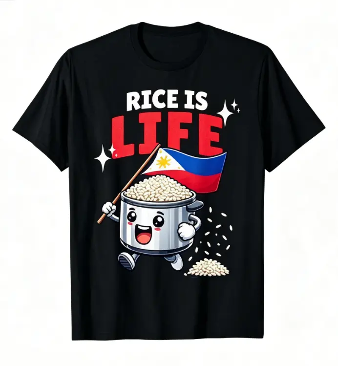Women's Graphic T-Shirt with 'Rice Is Life' Pinoy Food Design, Soft 100% Cotton Casual Short-Sleeve Filipino Pride Top, Shortsleeve