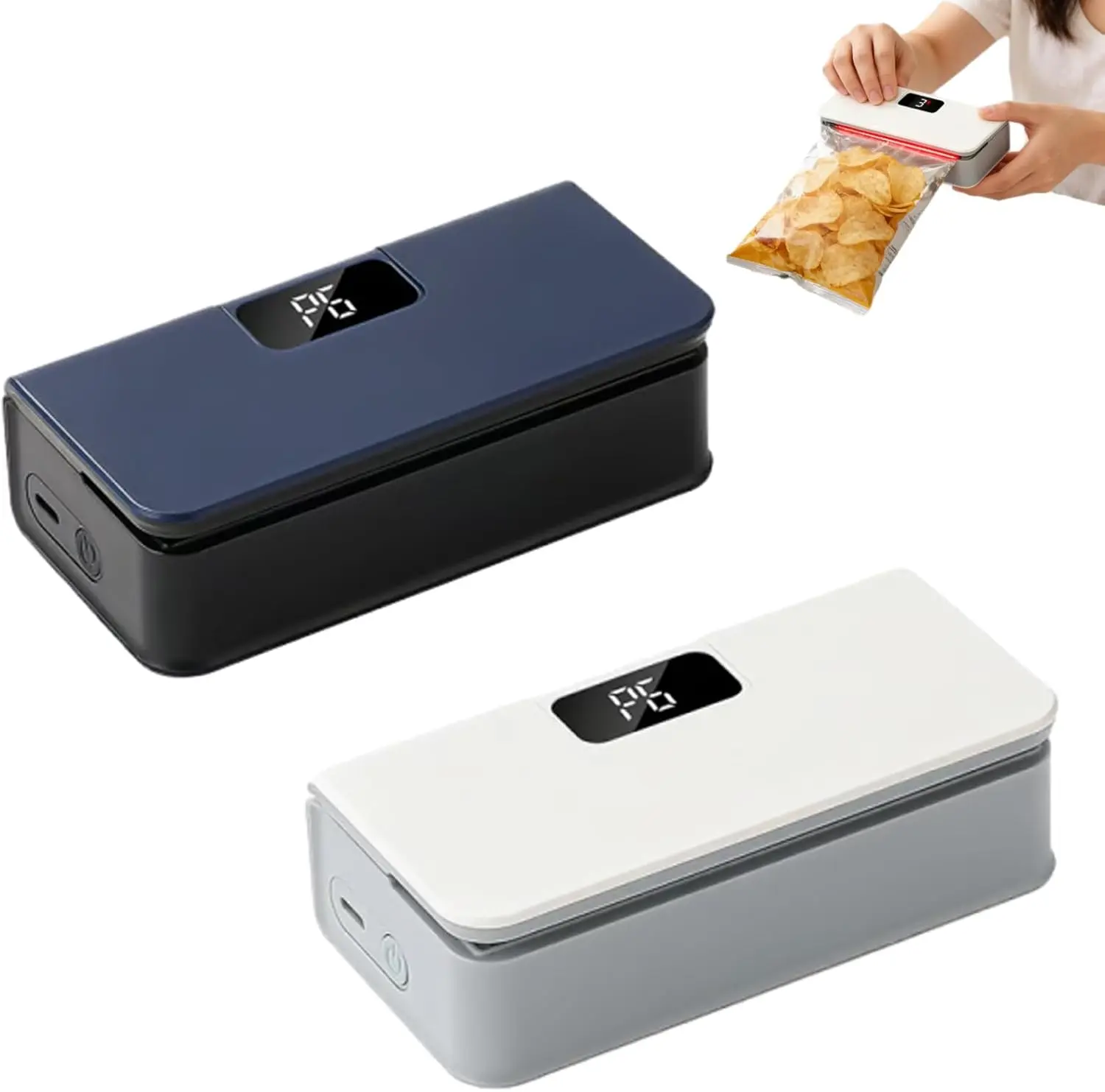 Mini Bag Sealer,Rechargeable Sealer Machine with LED Power Display,Heat Sealer and Cutter with 6 Adjustable Gears,Portable Bag Resealer for Chips Snacks Mylar Bags (Blue/White)