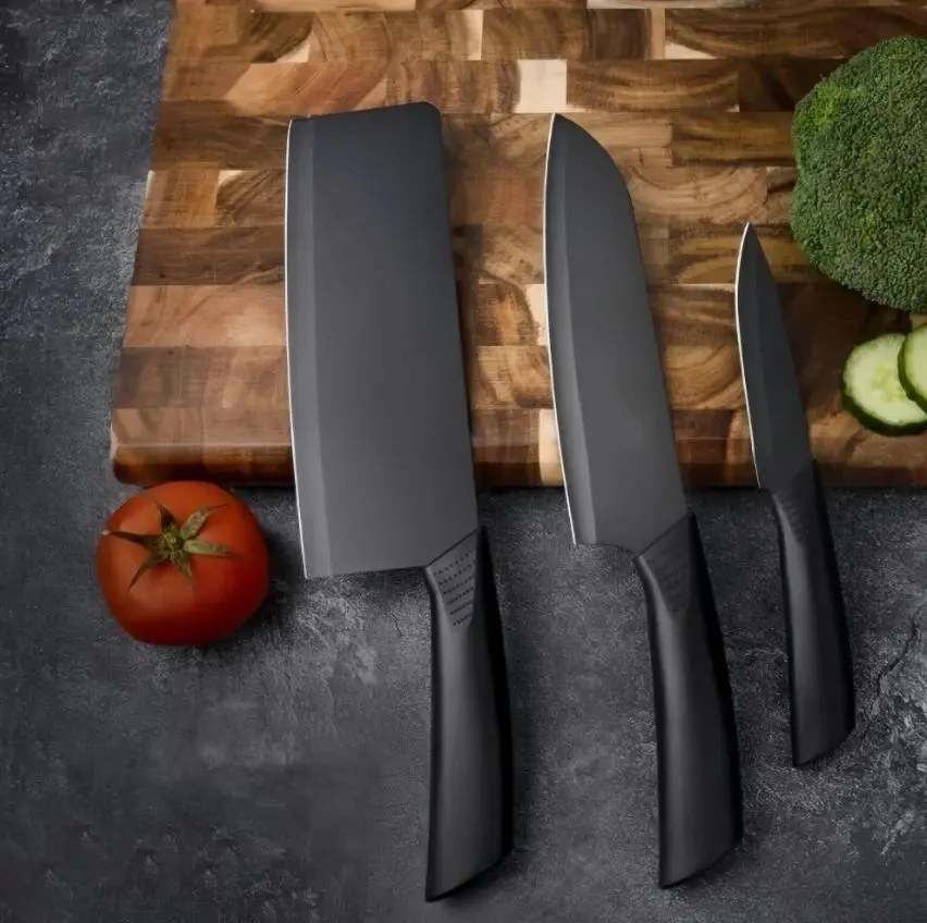 Black 3-Piece Nonstick Stainless Steel Kitchen Knife Set - Lightweight, Ultra-Sharp Chef Knives with Smooth Coated, Rust-Resistant Blades for Daily Food Preparation, Ideal Christmas Gift