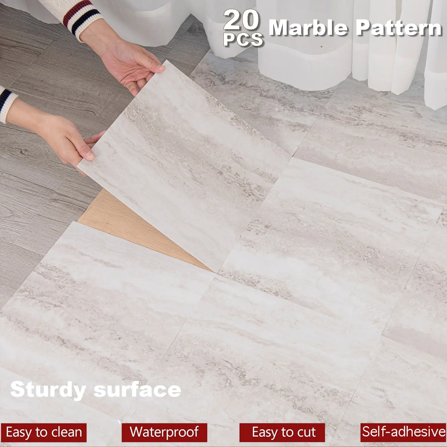 20pcs Vinyl Flooring Tiles, Self-Adhesive Waterproof Wear-Resistant Marble Pattern PVC Material, Easy Peel and Stick Installation