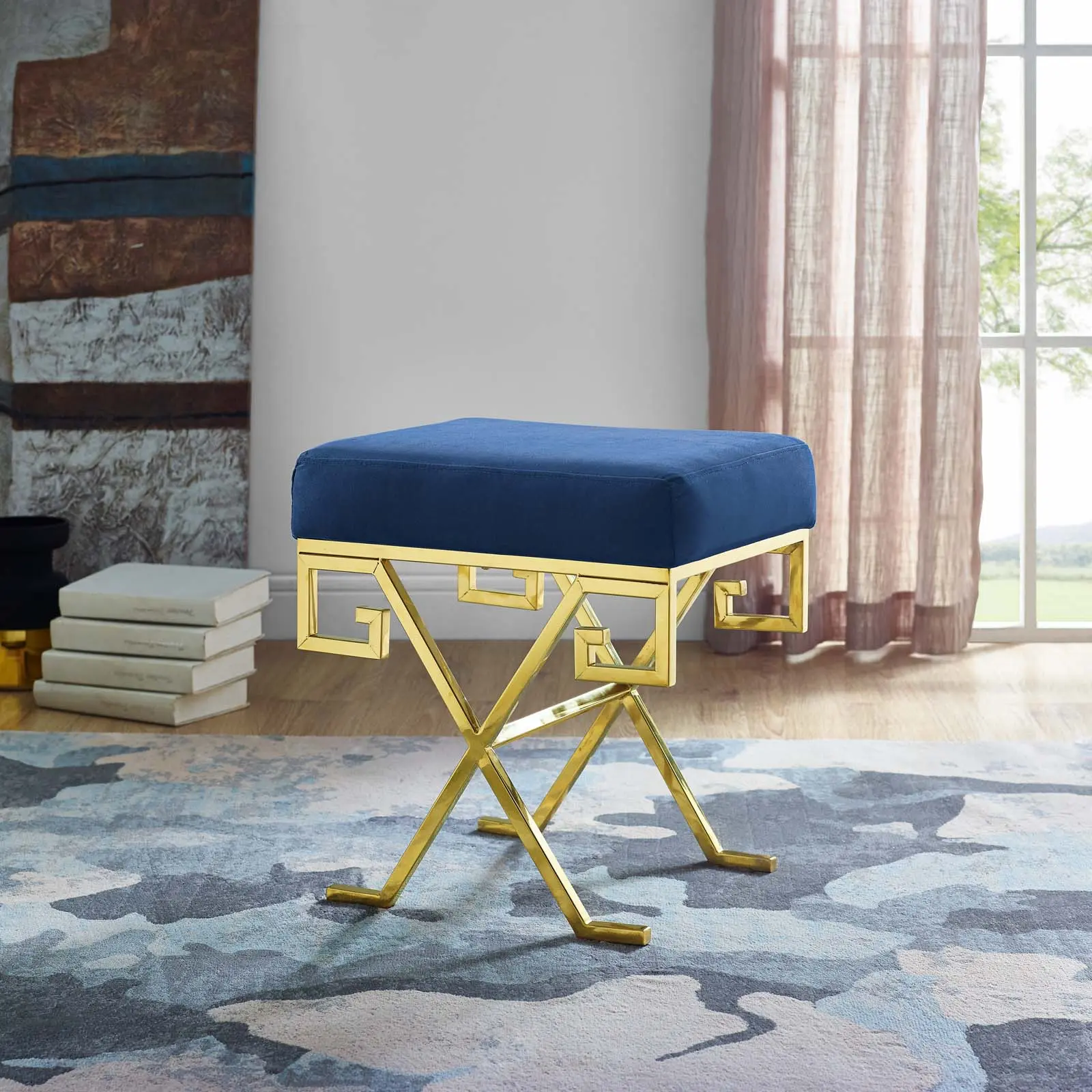 Modway Twist Performance Velvet Bench, Gold-Navy Finish, Indoor Furniture for Living Room Decor