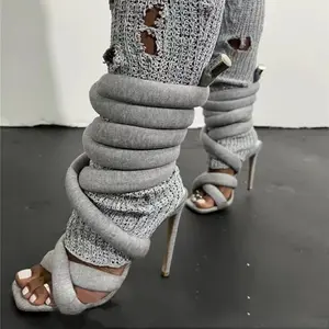 Pasuvo Grey Knit Glamour Strappy Gladiator Sandals with Lace-Up Fallopian Open Toe Square Stilettos Ultra-Stylish Plush Wrap-Around Stiletto Heels with Padded Twisted Straps – Cozy, Trendy, and Bold Statement Sandals for Fashion